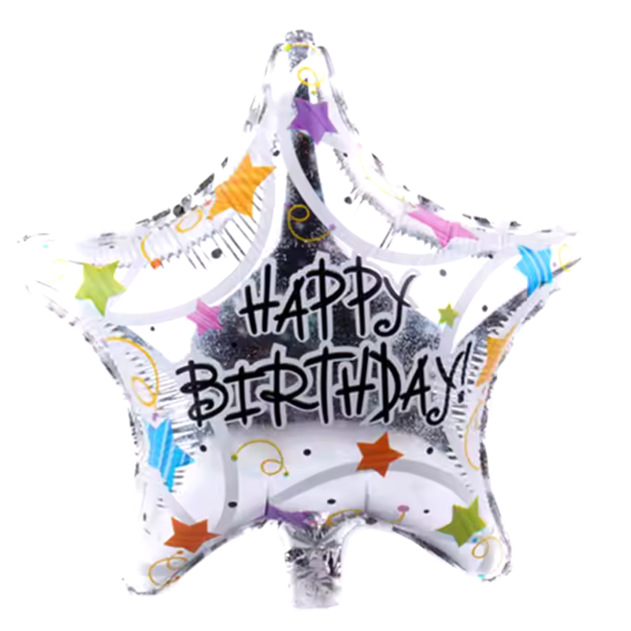 2-1-scaled-1.jpg 18" Silver "Happy Birthday" Star Shaped Foil Balloon (Unpacked) - Image 1