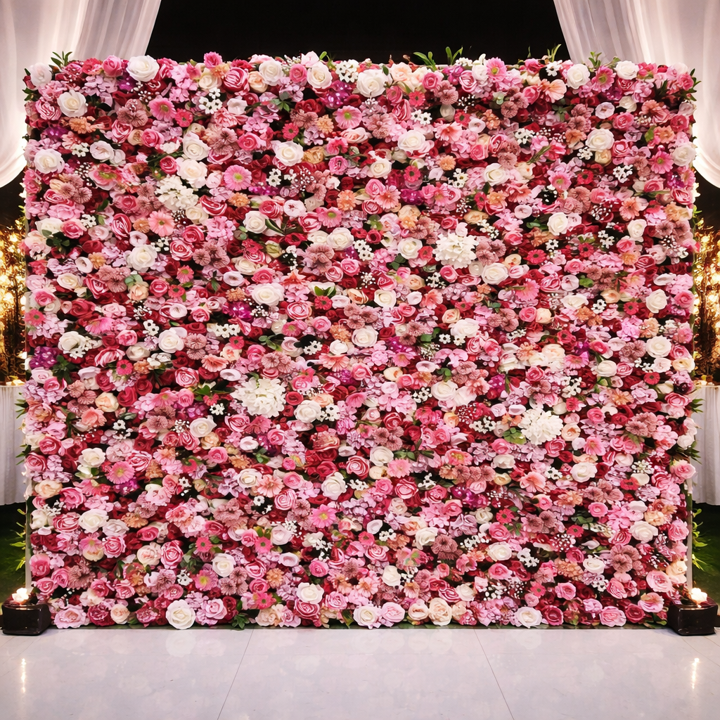 A# Floral Wall Backdrop Pink White Luxury Roses (240cm×240cm) - Image 1
