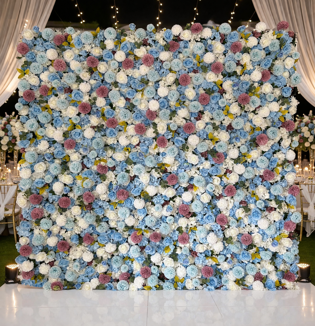 AAAA Floral Wall Backdrop Blue White Luxury Roses (240cm×240cm) - Image 1