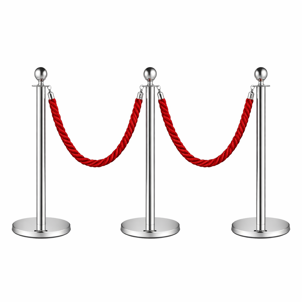 aaaa 3x Silver Bollards Crowd Barriers 2x Red Twisted Rope - Image 1