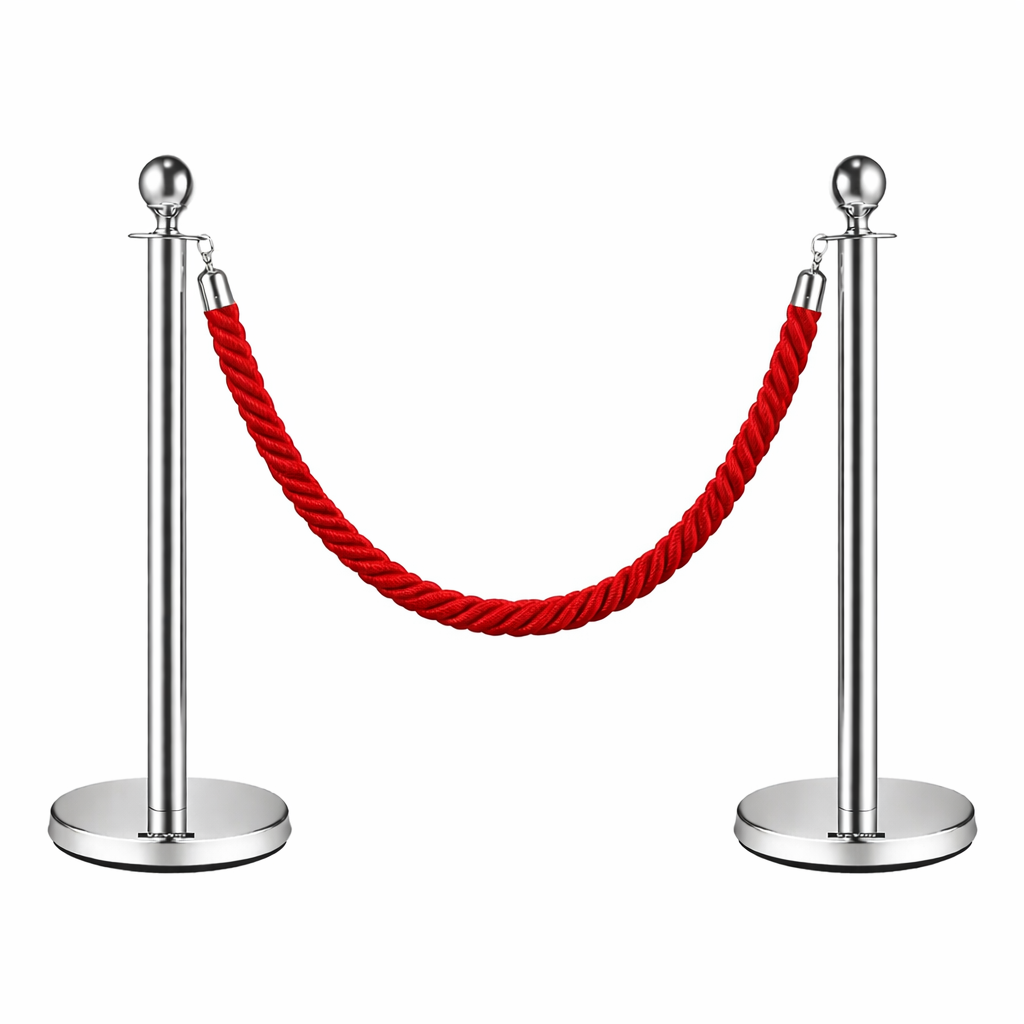 acc 2x Silver Bollards Crowd Barriers 1x Red Twisted Rope - Image 1