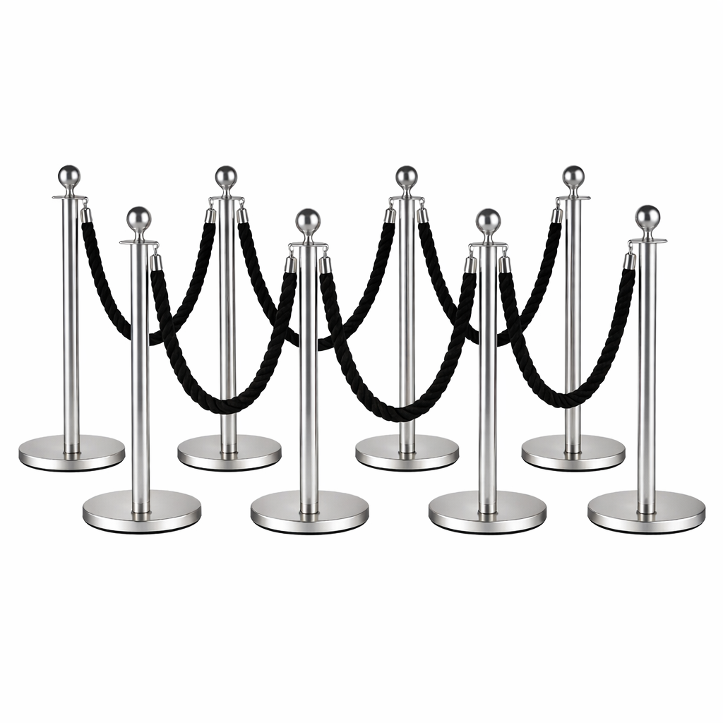 10 8x Silver Bollards Crowd Barriers 6x Black Twisted Rope - Image 1