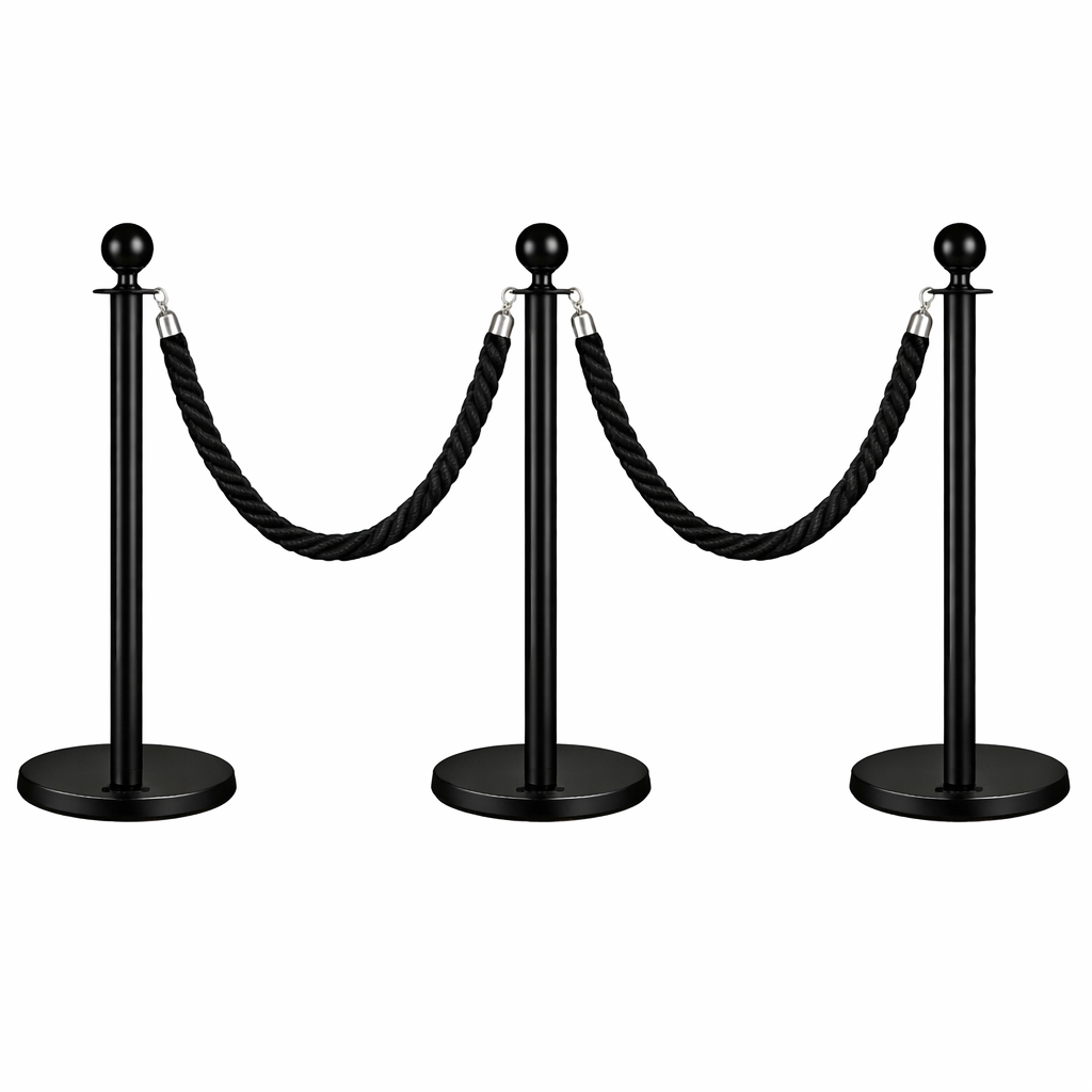 12 3x Black Bollards Crowd Barriers 2x Black Twisted Rope - Image 1