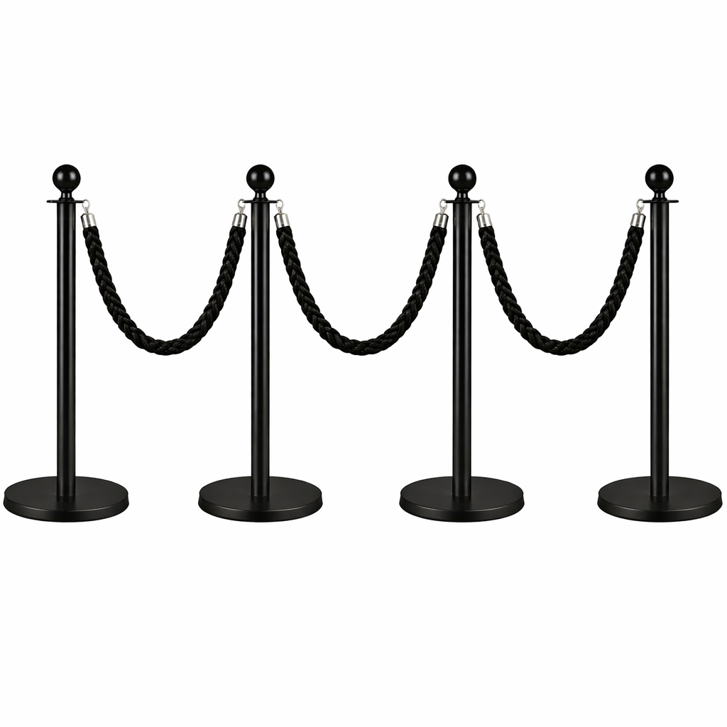 13 4x Black Bollards Crowd Barriers 3x Black Twisted Rope - Image 1