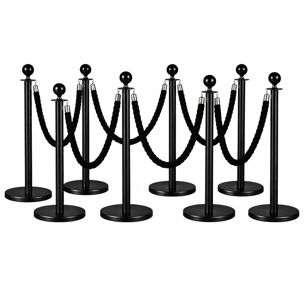 15 8x Black Bollards Crowd Barriers 6x Black Twisted Rope - Image 1