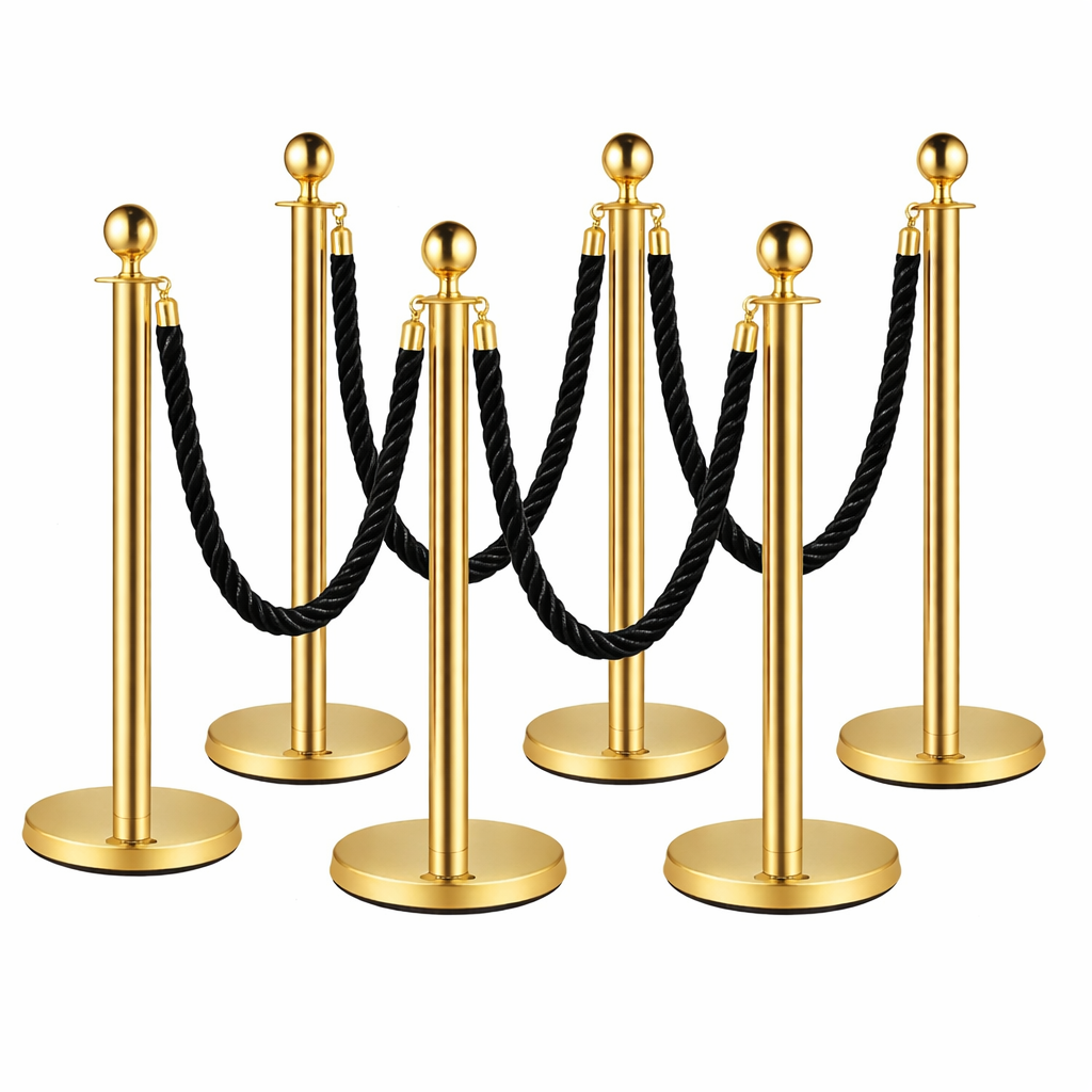 4 6x Bollards Stanchion Post Crowd Barriers 4x Black Twisted Rope - Image 1