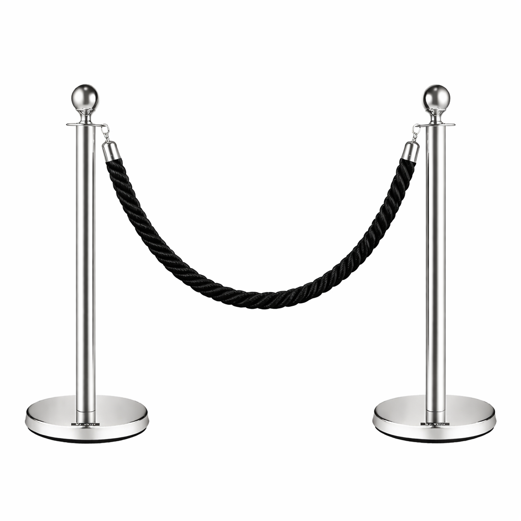 6 2x Silver Bollards Crowd Barriers 1x Black Twisted Rope - Image 1
