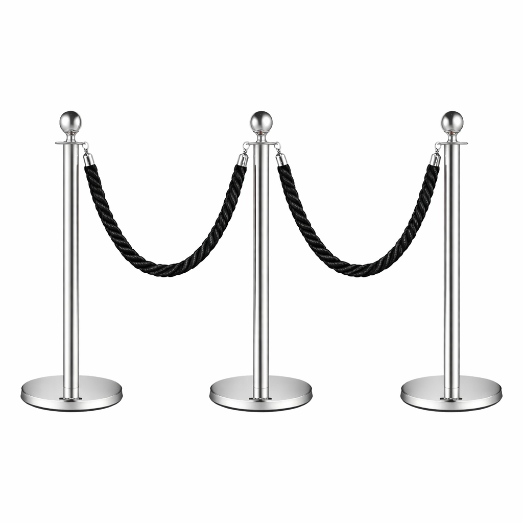 7 3x Silver Bollards Crowd Barriers 2x Black Twisted Rope - Image 1
