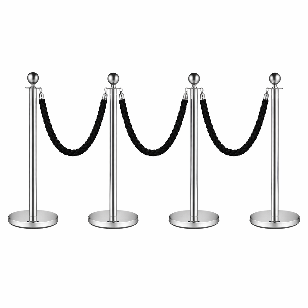 8 4x Silver Bollards Crowd Barriers 3x Black Twisted Rope - Image 1