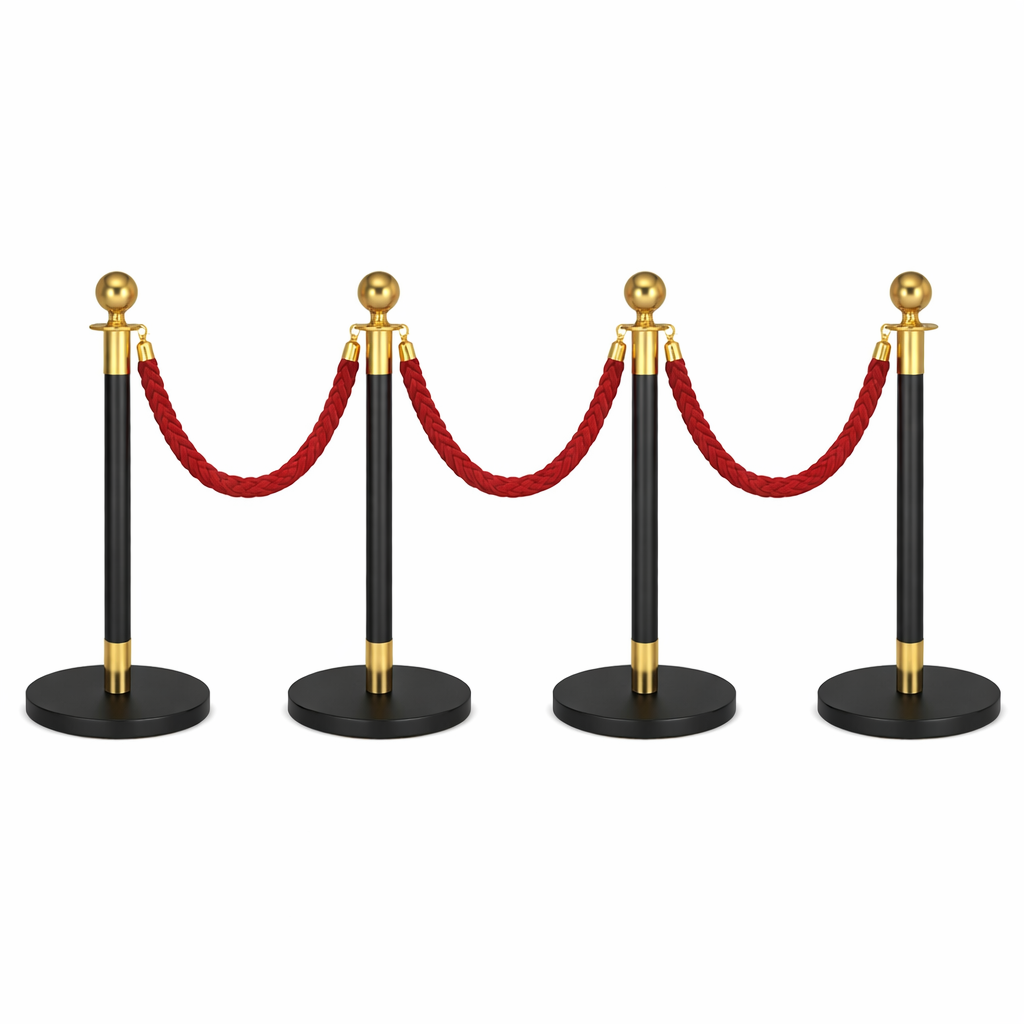 AXA 4x Black/Gold Bollards Crowd Barriers 3x Red Twisted Rope - Image 1