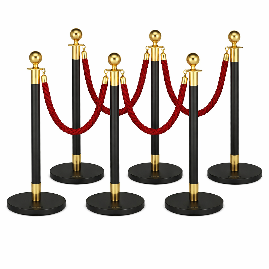 AZA 6x Black/Gold Bollards Crowd Barriers 4x Red Twisted Rope - Image 1
