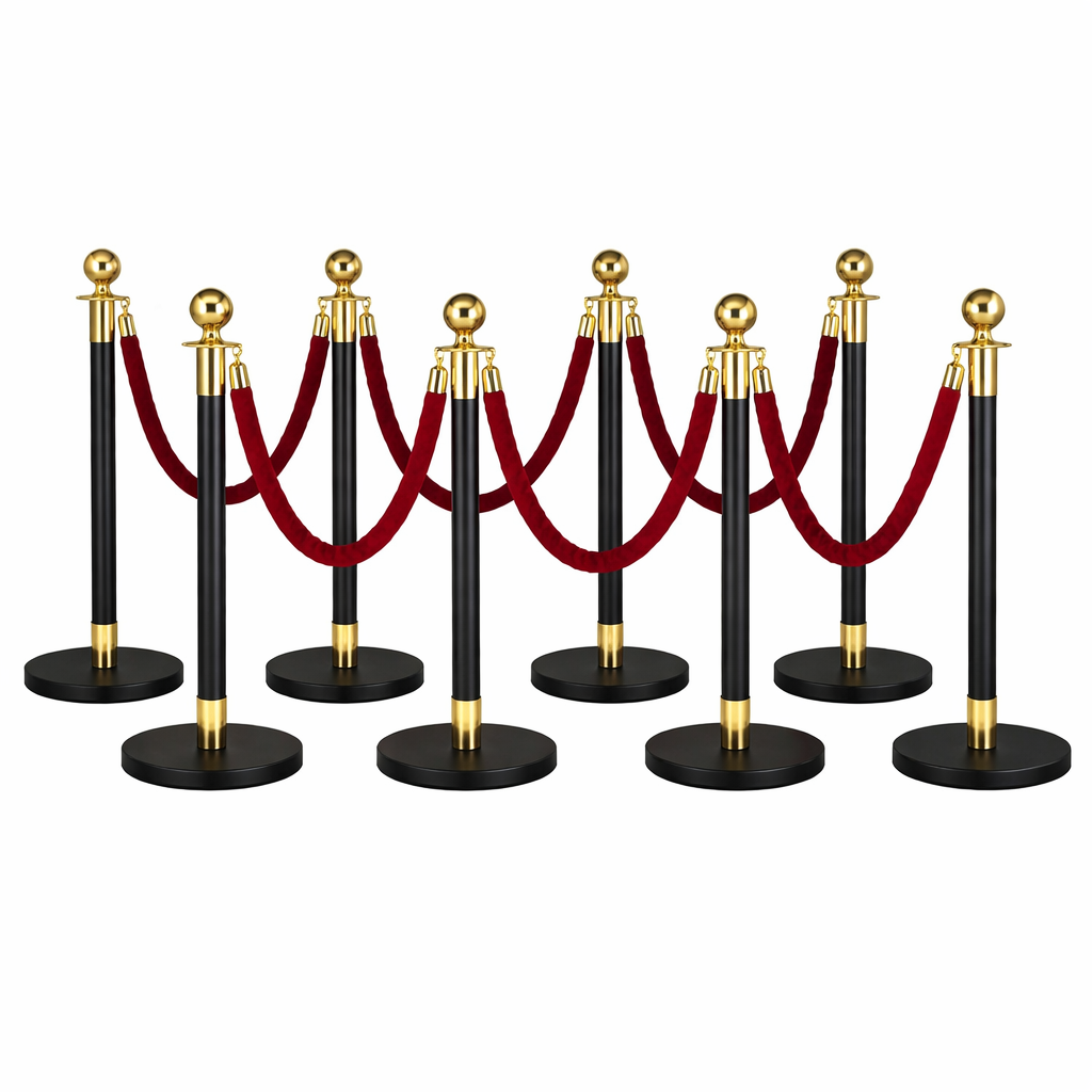 AZAAA 8x Black/Gold Bollards Crowd Barriers 6x Red Twisted Rope - Image 1