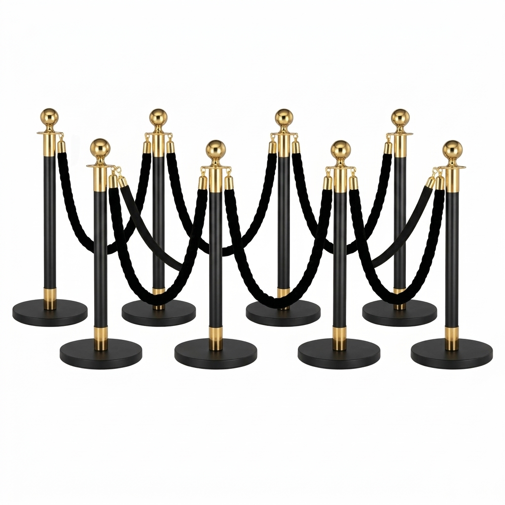 Black 8 8x Black/Gold Bollards Crowd Barriers 6x Black Twisted Rope - Image 1