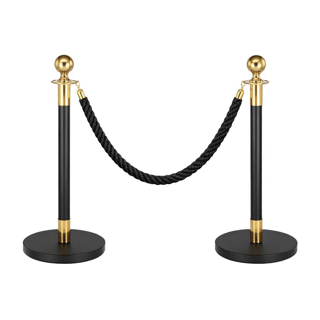 Black1 2x Black & Gold Bollards Crowd Barriers 1x Black Twisted Rope - Image 1