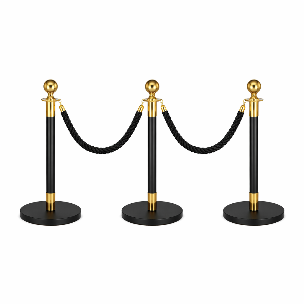 Black2 3x Black & Gold Bollards Crowd Barriers 2x Black Twisted Rope - Image 1