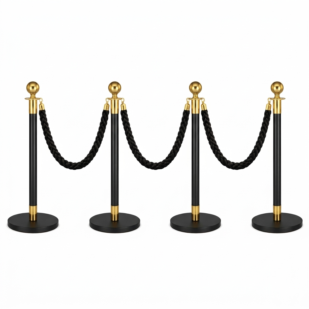 Black3 4x Black /Gold Bollards Crowd Barriers 3x Black Twisted Rope - Image 1