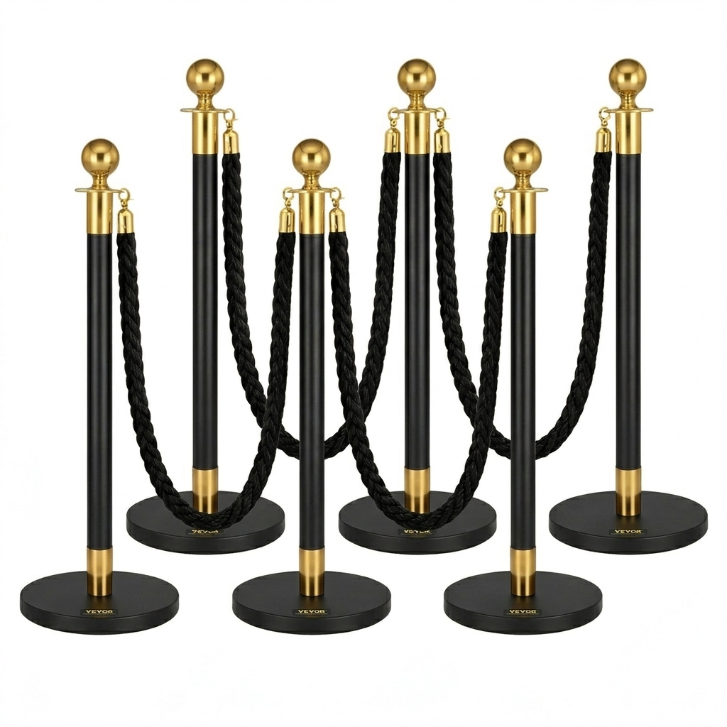 Black6 6x Black /Gold Bollards Crowd Barriers 4x Black Twisted Rope - Image 1