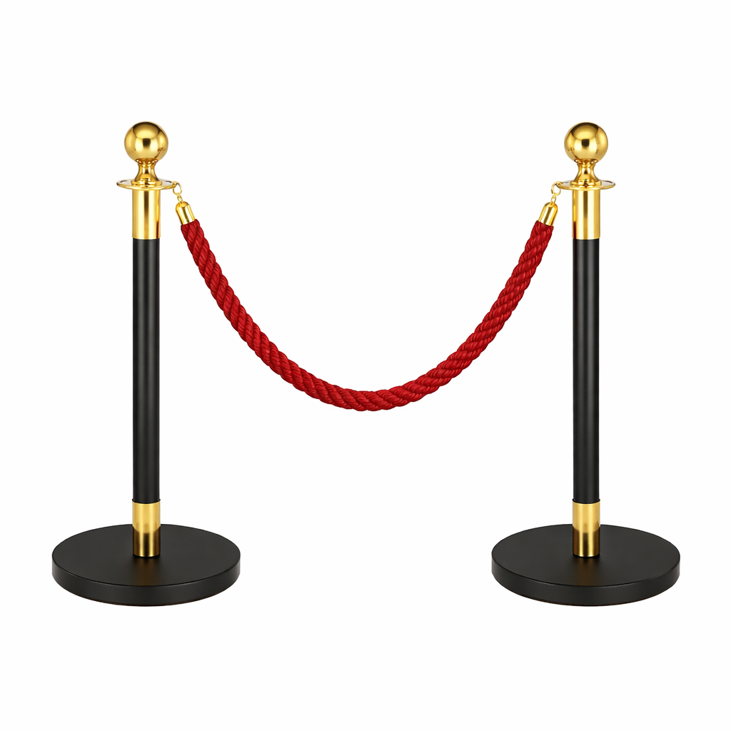 aas 2x Black/Gold Bollards Crowd Barriers 1x Red Twisted Rope - Image 1