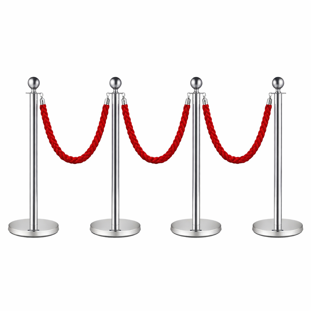 as 4x Silver Bollards Crowd Barriers 3x Red Twisted Rope - Image 1