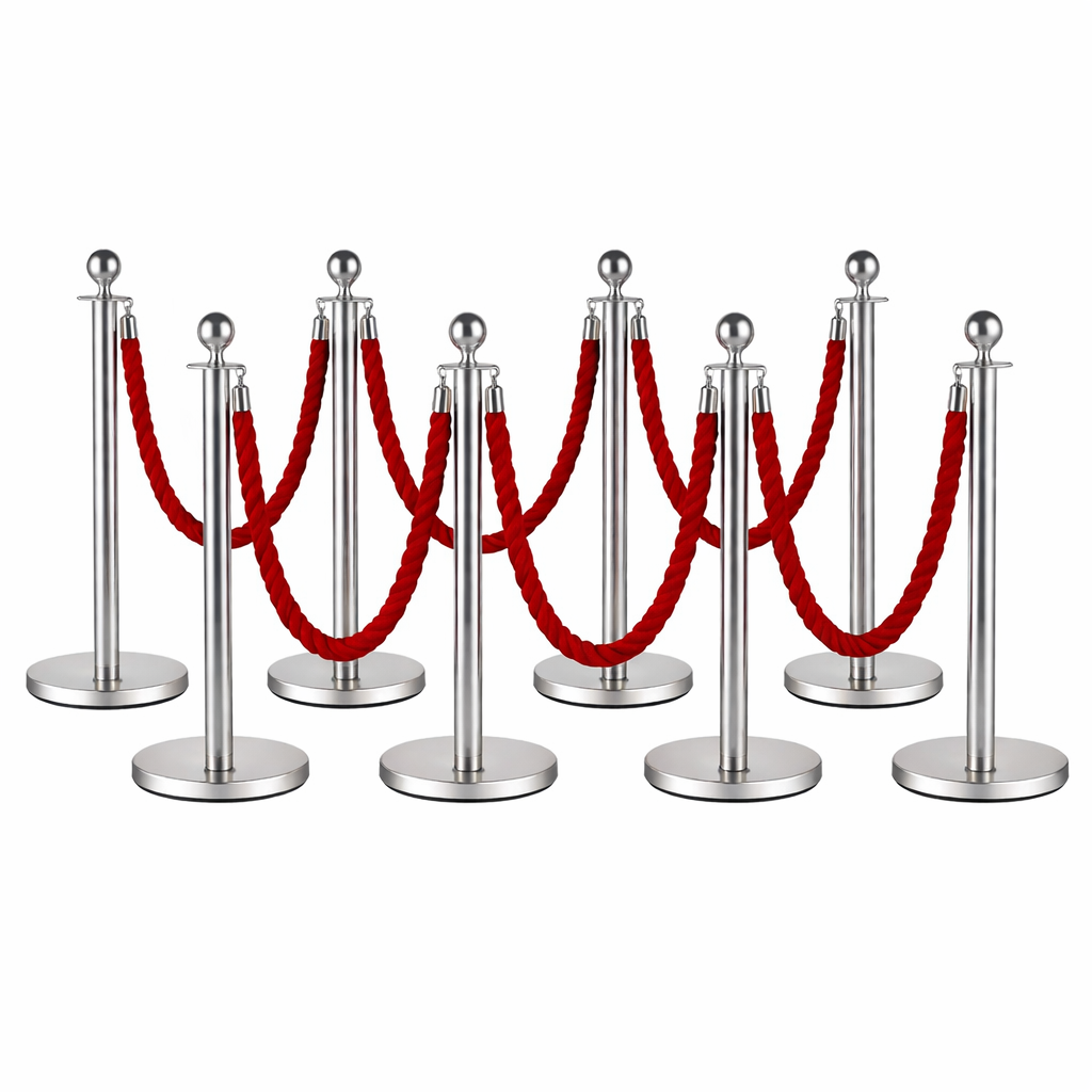 asa 8x Silver Bollards Crowd Barriers 6x Red Twisted Rope - Image 1