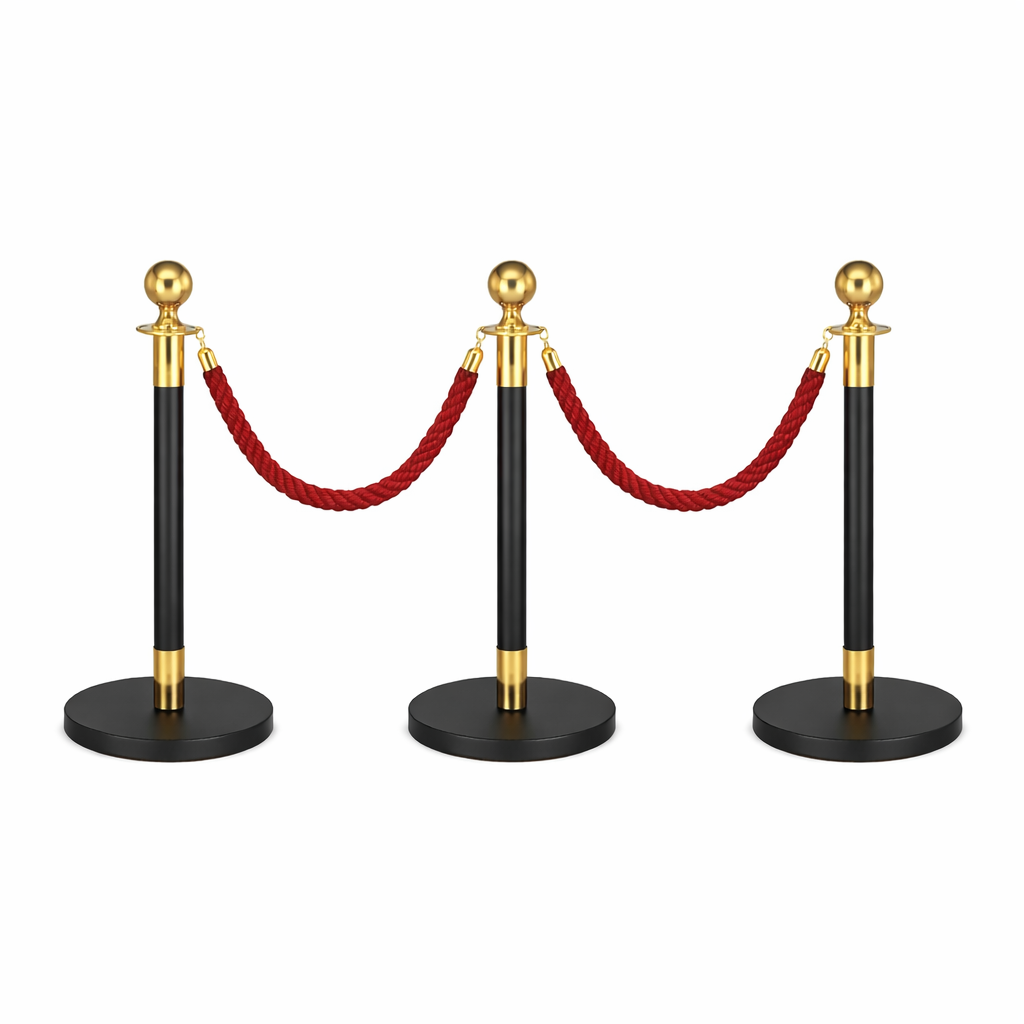 asaA 3x Black/Gold Bollards Crowd Barriers 2x Red Twisted Rope - Image 1
