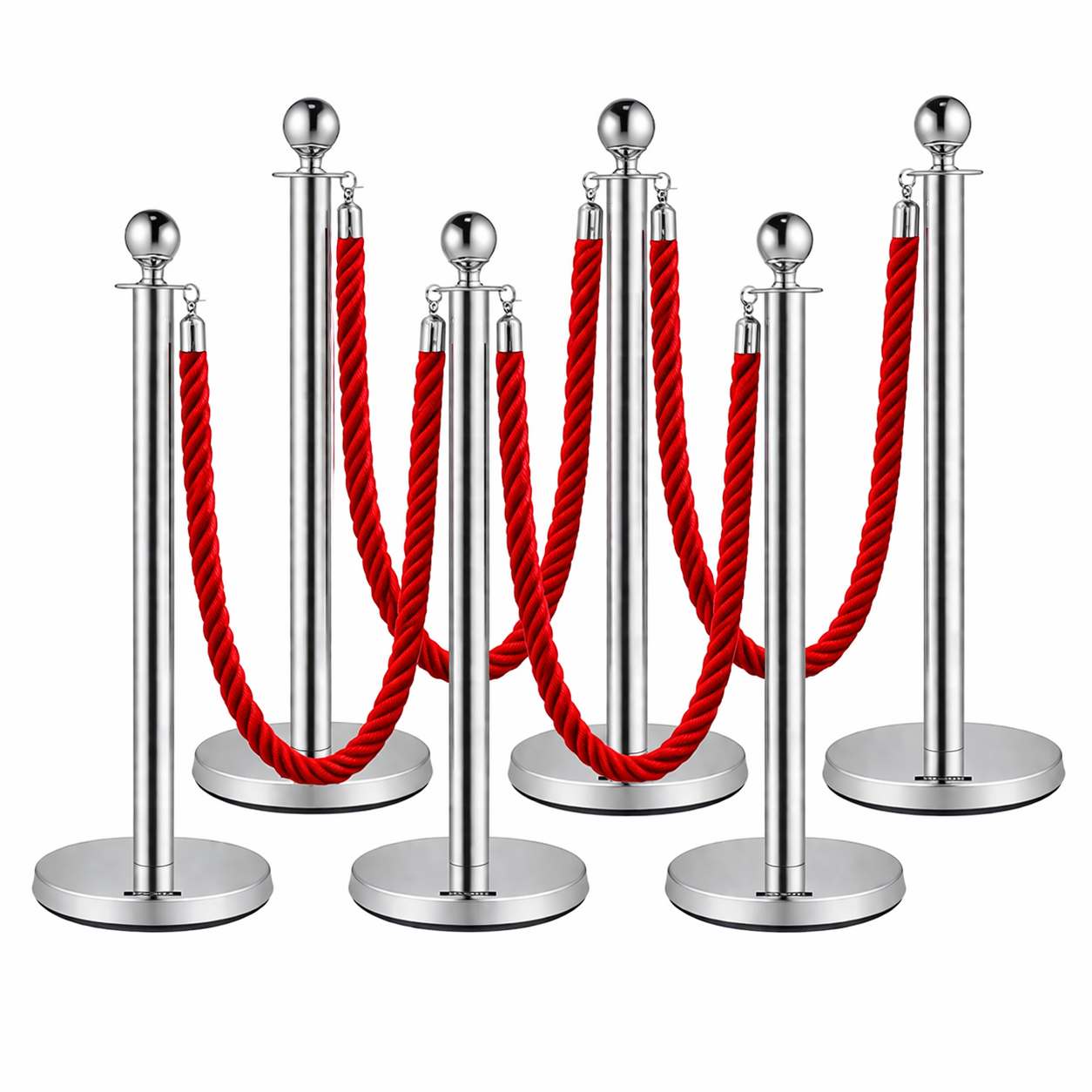 ass 6x Silver Bollards Crowd Barriers 3x Red Twisted Rope - Image 1