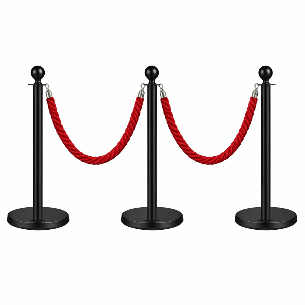 z 3x Black Bollards Crowd Barriers 2x Red Twisted Rope - Image 1