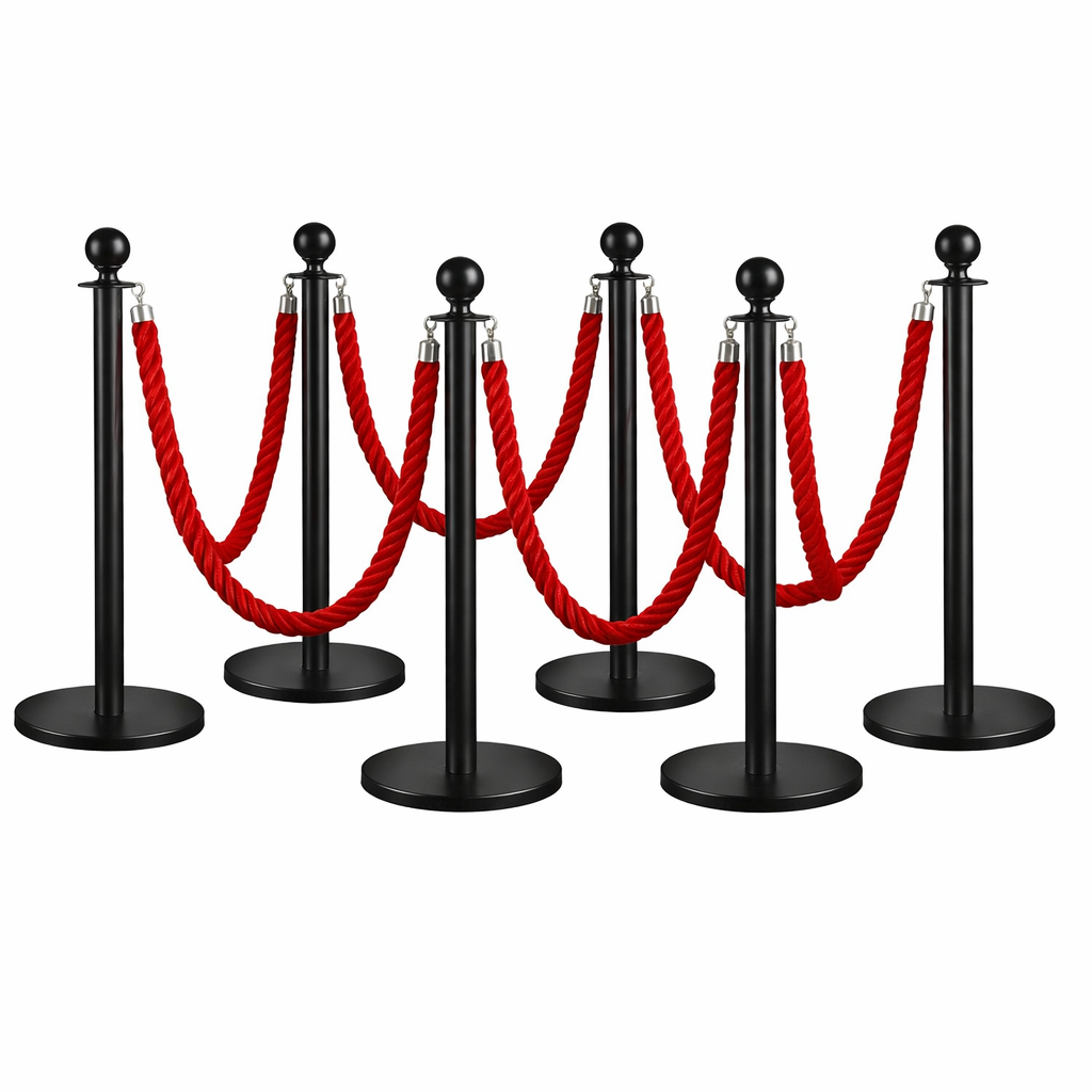 zzz 6x Black Bollards Crowd Barriers 4x Red Twisted Rope - Image 1