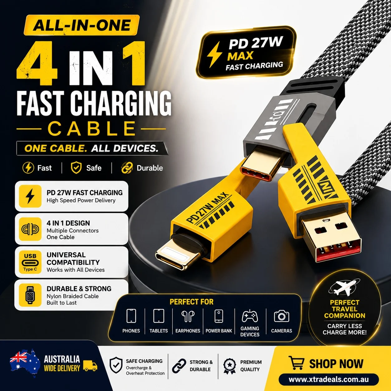 4 in 1 Charging & Data Cable 27W, USB C Cable USB Multi Charging Cable charging cable xtradeal premium
